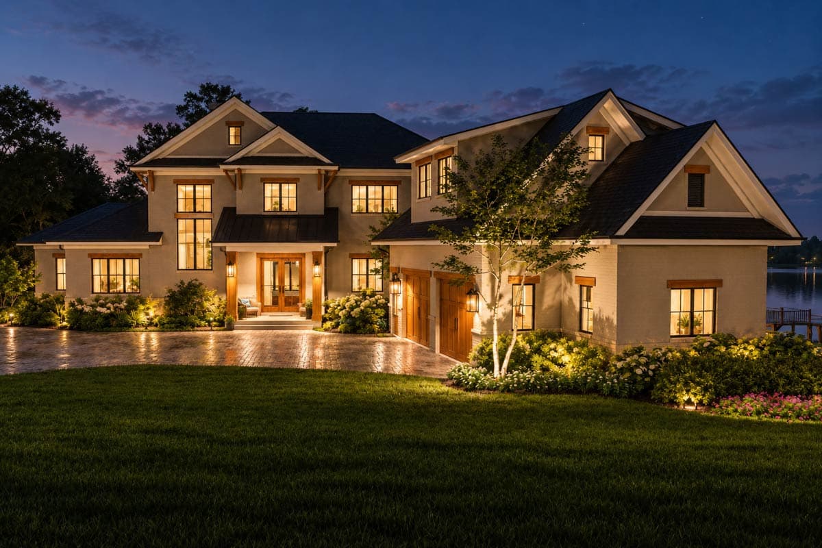 Plan 871031JEN: 4-Bed Lake House Plan with Elevator and Apartment Above Angled Garage - Image #2 - European, Transitional