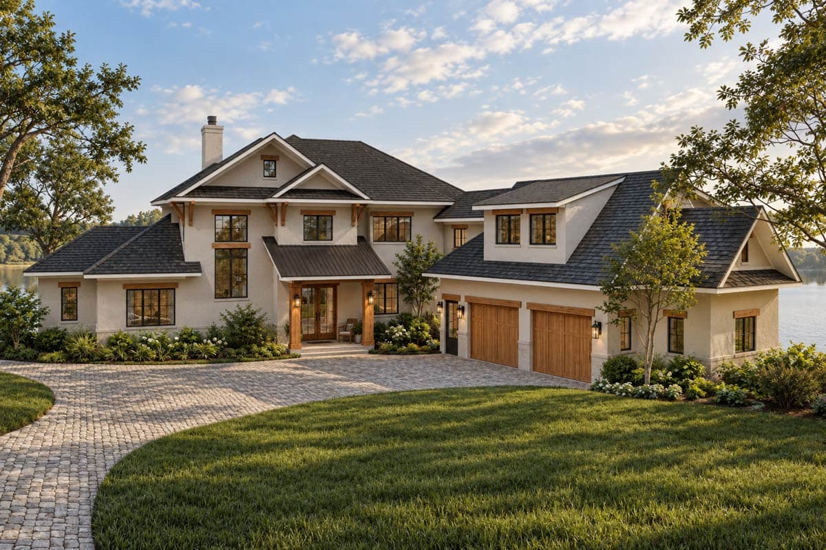 Plan image - 871031JEN:4-Bed Lake House Plan with Elevator and Apartment Above Angled Garage