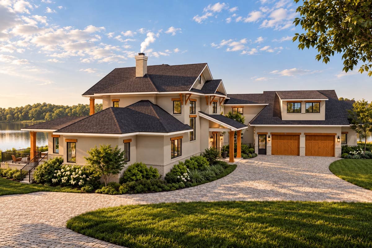 Plan 871031JEN: 4-Bed Lake House Plan with Elevator and Apartment Above Angled Garage - Image #3 - European, Transitional