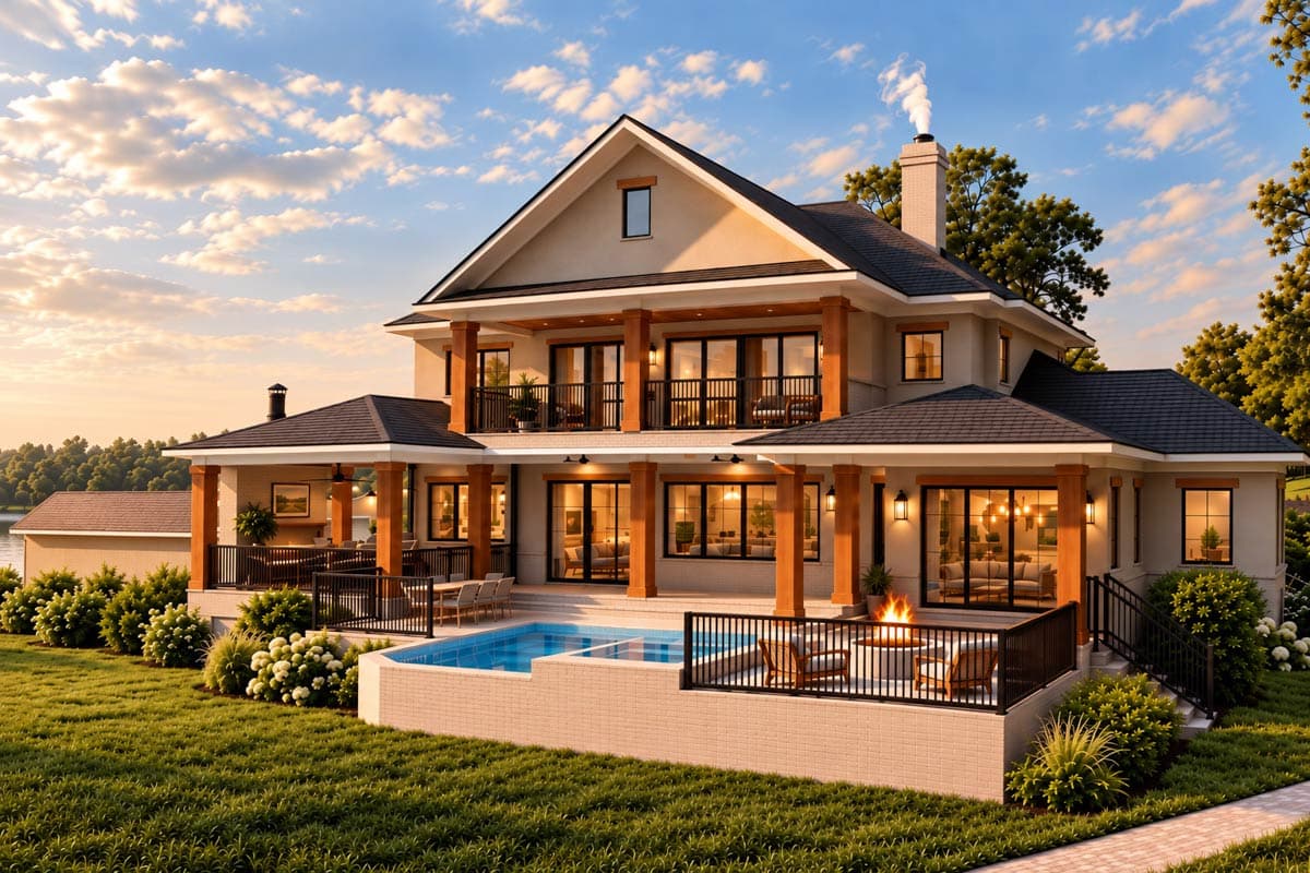 Plan 871031JEN: 4-Bed Lake House Plan with Elevator and Apartment Above Angled Garage - Image #4 - European, Transitional