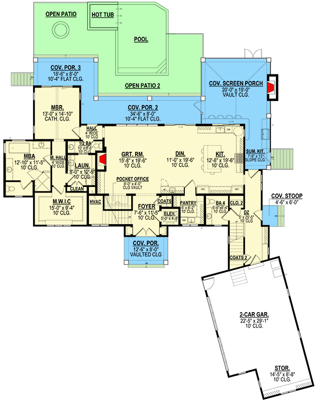 Plan 871031JEN: 4-Bed Lake House Plan with Elevator and Apartment Above Angled Garage - Floor Plan - Main Level - European, Transitional