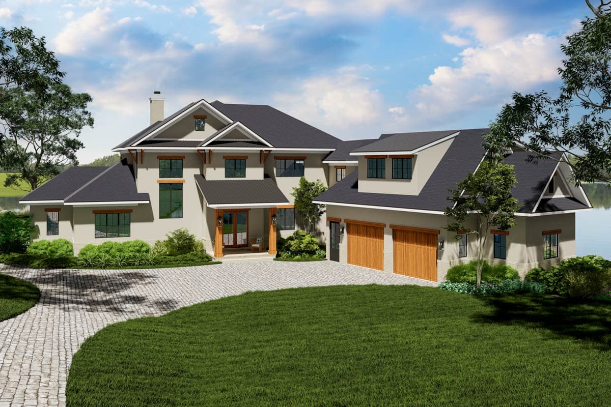 House plan exterior. Two-story home with Craftsman influence, featuring a gable roof, covered porch, and attached garage. Driveway made of pavers.