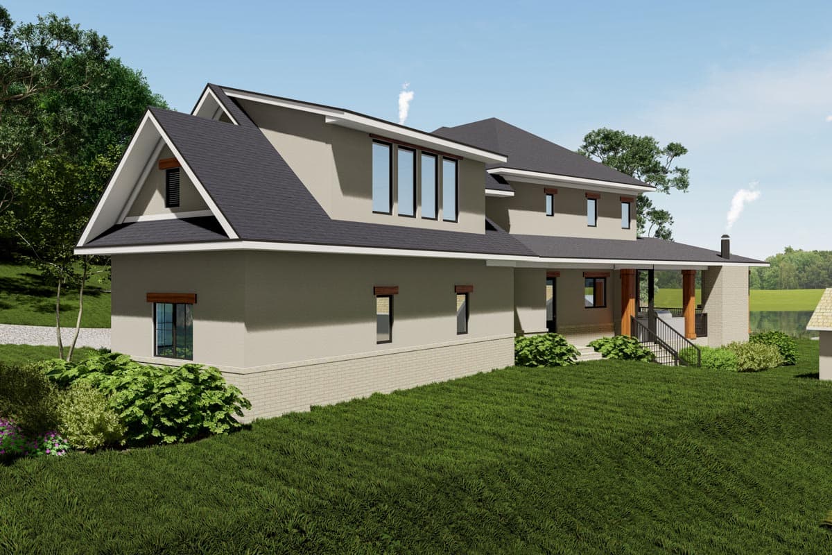 House plan exterior, two-story Modern Farmhouse with gabled dormers, covered porch, and stacked window accents.