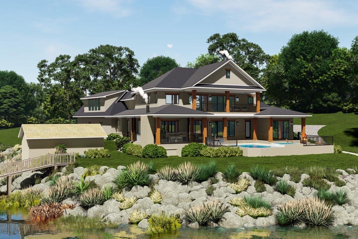 House plan exterior: two-story modern home with multiple gables, covered porches, a pool, and a detached garage.
