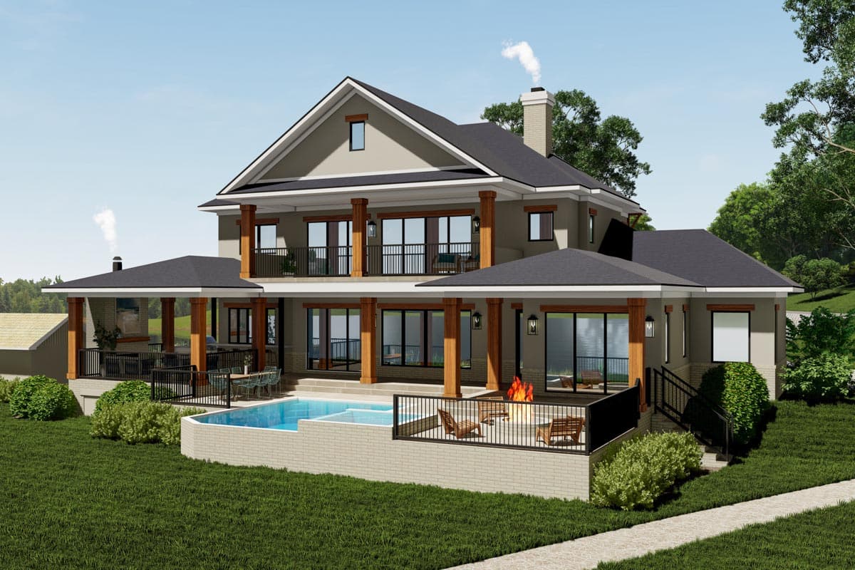 House plan exterior: three-story contemporary home with multiple covered balconies, large windows, a pool, and outdoor fireplace.