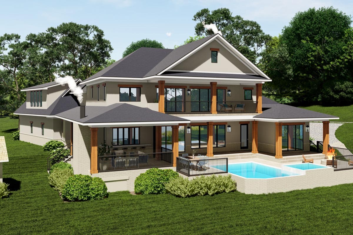 House plan exterior: Two-story Modern Farmhouse with covered patios, balconies, multiple gables, and a pool.