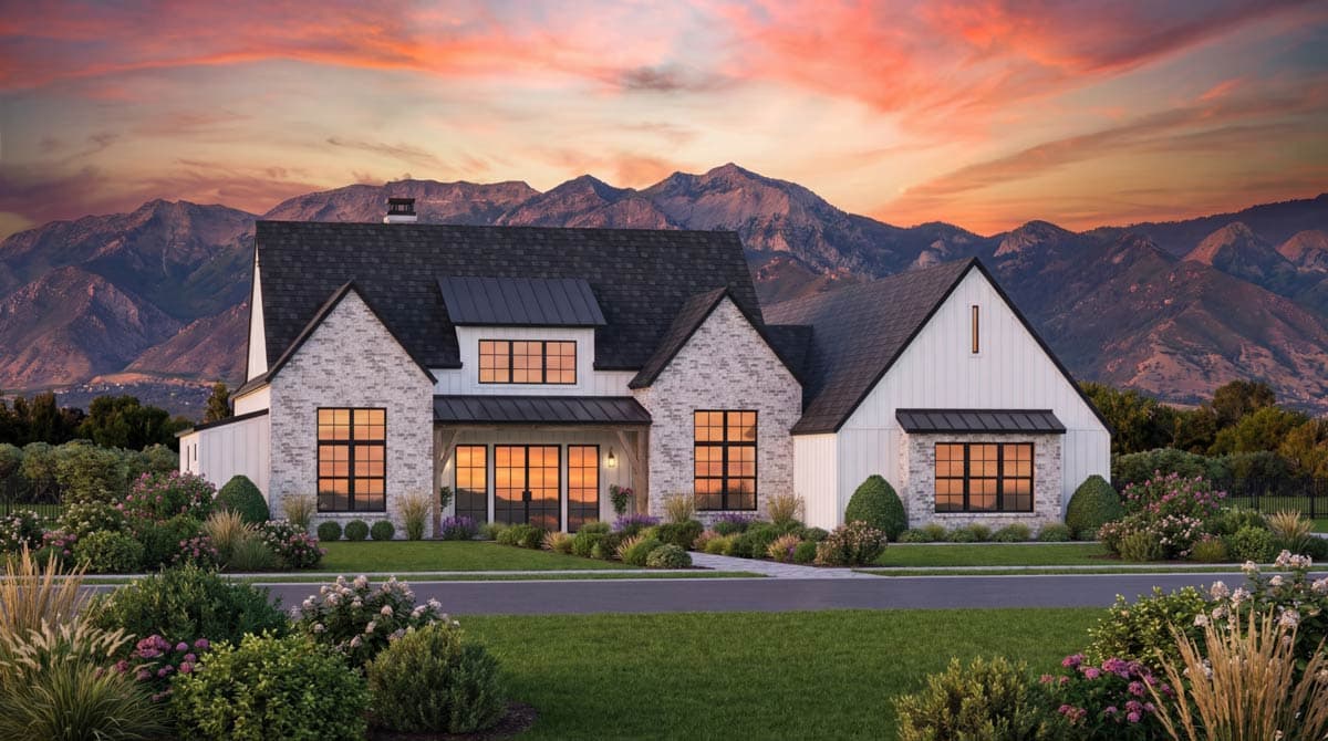 Modern farmhouse house plan exterior with white brick and board-and-batten siding, multiple gables, and large grid windows.