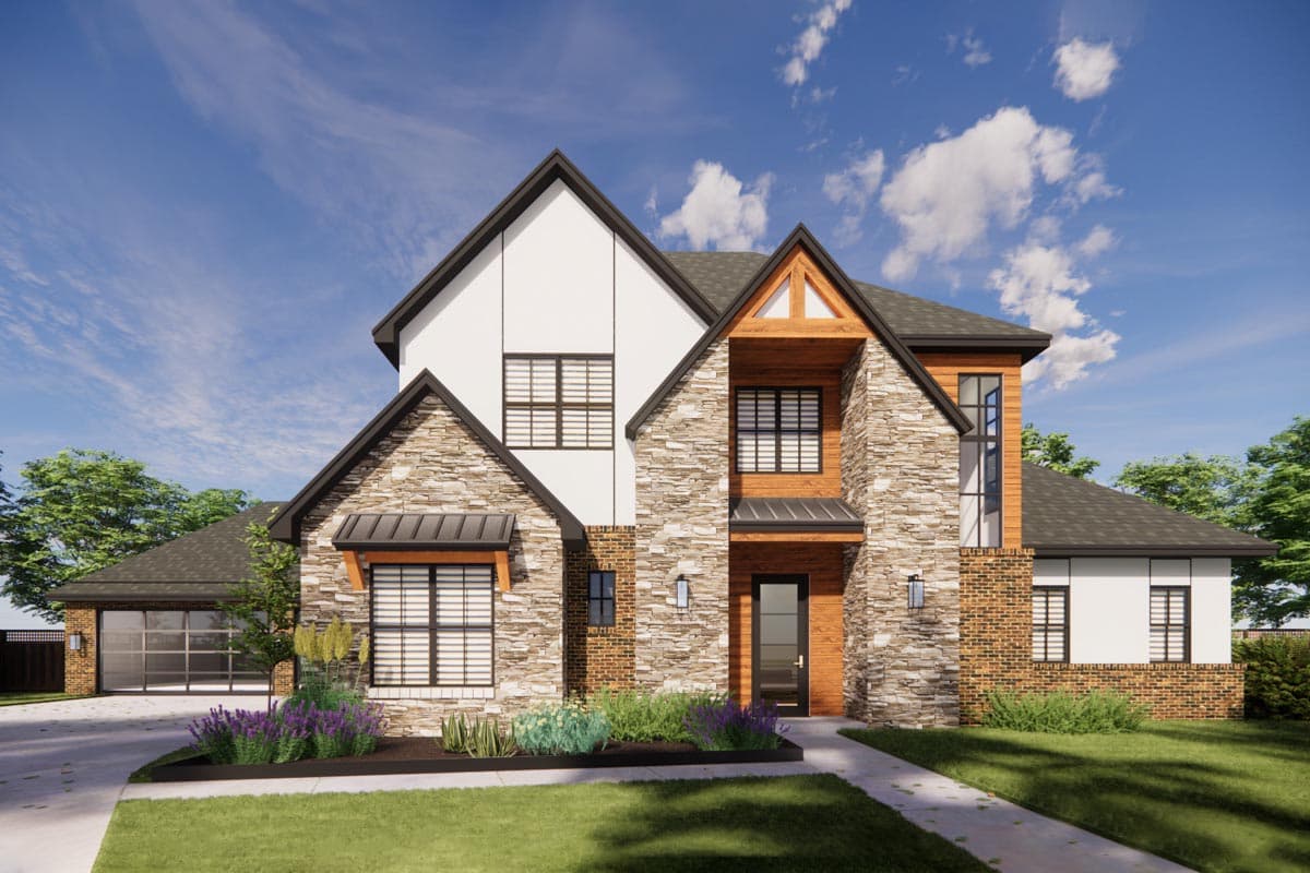 House plan exterior with stone, wood, and white siding accents, multi-level rooflines, and a three-car garage.