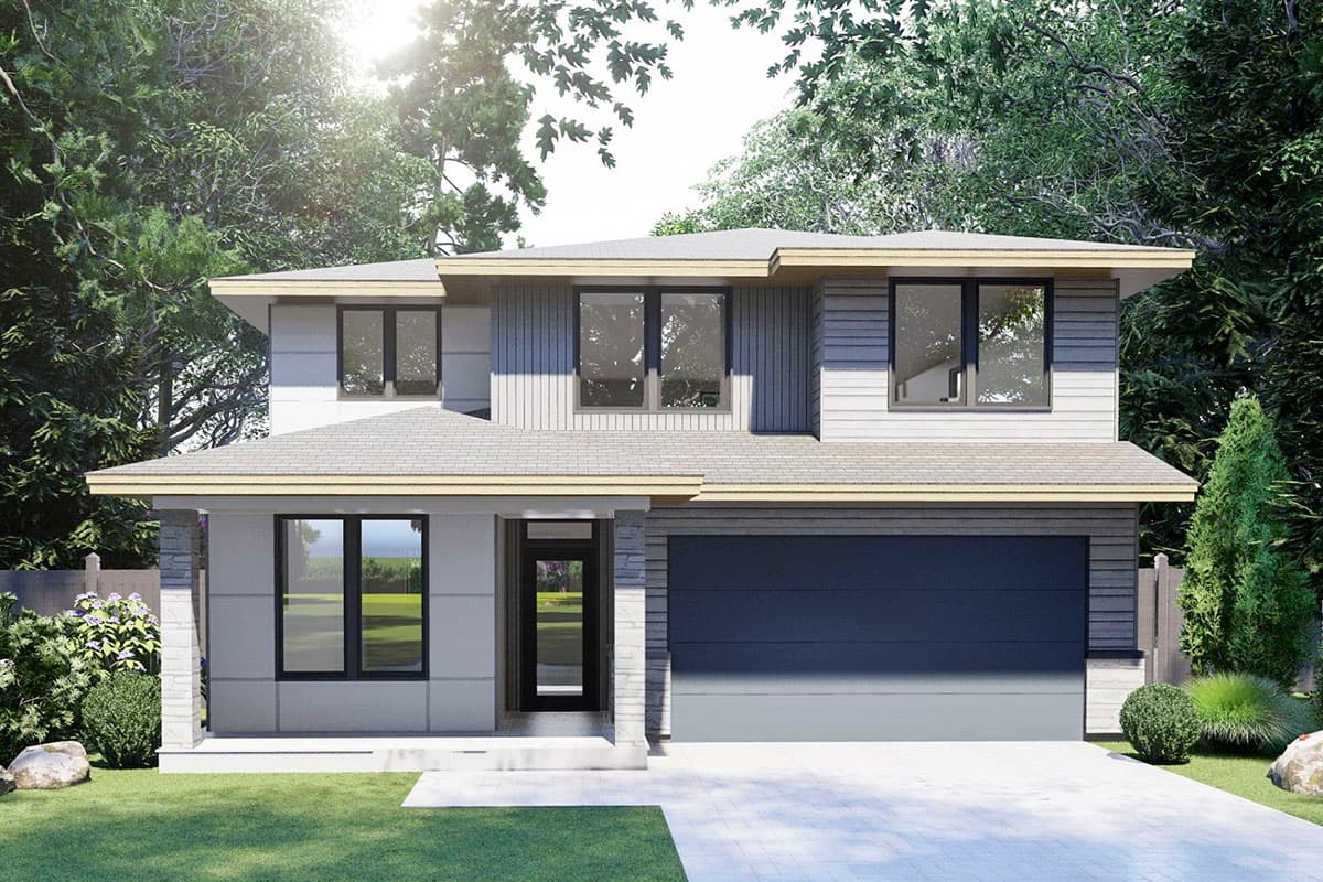 House plan exterior in a contemporary style. Two-story home with a flat roof, large windows, and a front-facing garage.