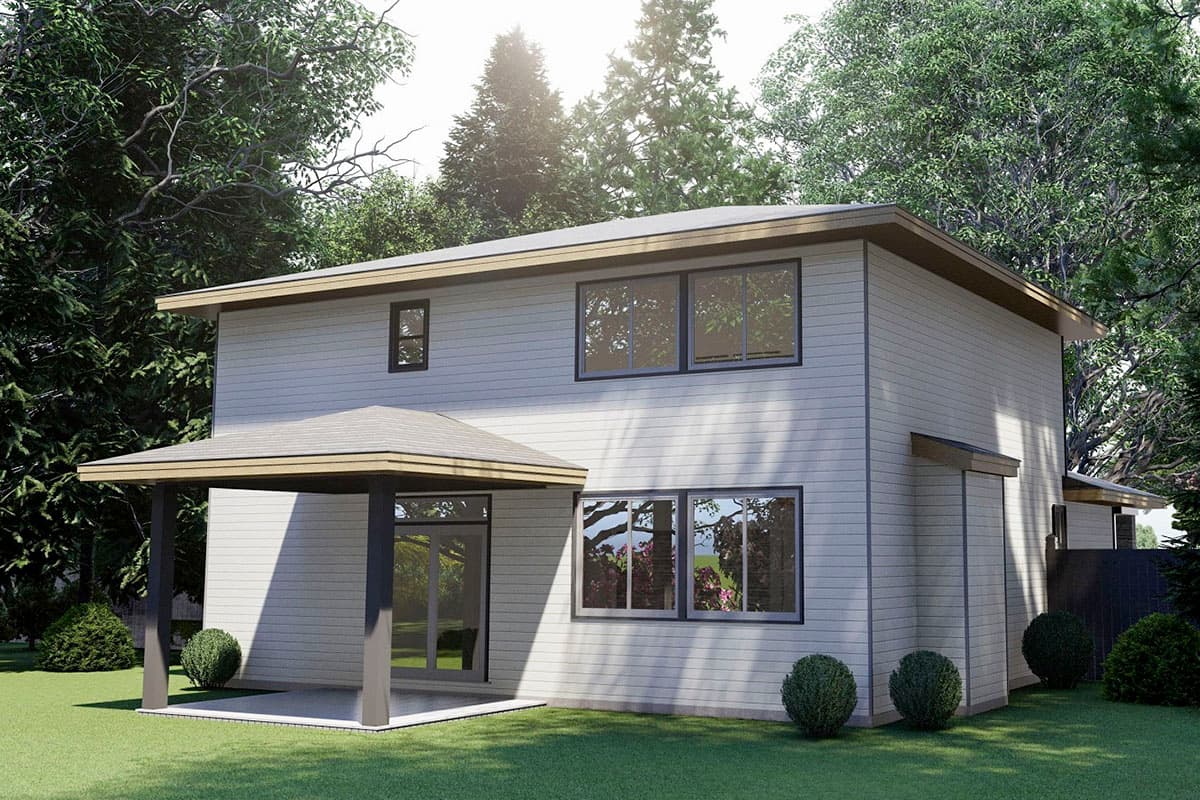 Two-story Modern house plan exterior with a covered entryway, horizontal siding, and large windows.