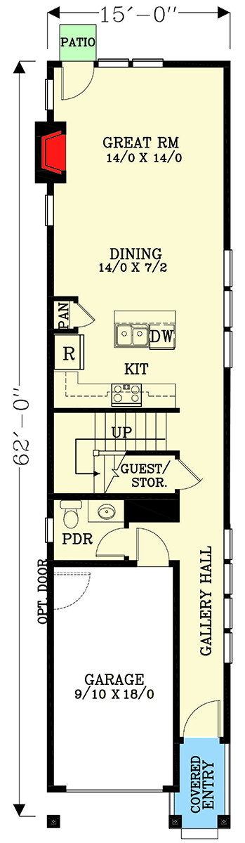 Plan 28082J: 15-Foot-Wide 3-Bed House Plan Under 1,600 Square Feet - Floor Plan - Main Level - Craftsman, Northwest, Traditional