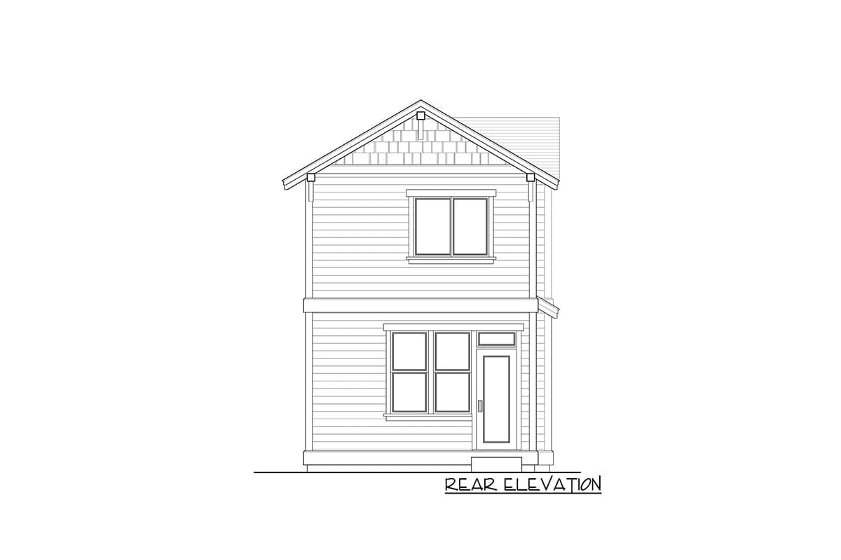 Rear elevation drawing of a two-story house plan featuring clapboard siding, a gable with decorative shingle siding, and a simple entryway.