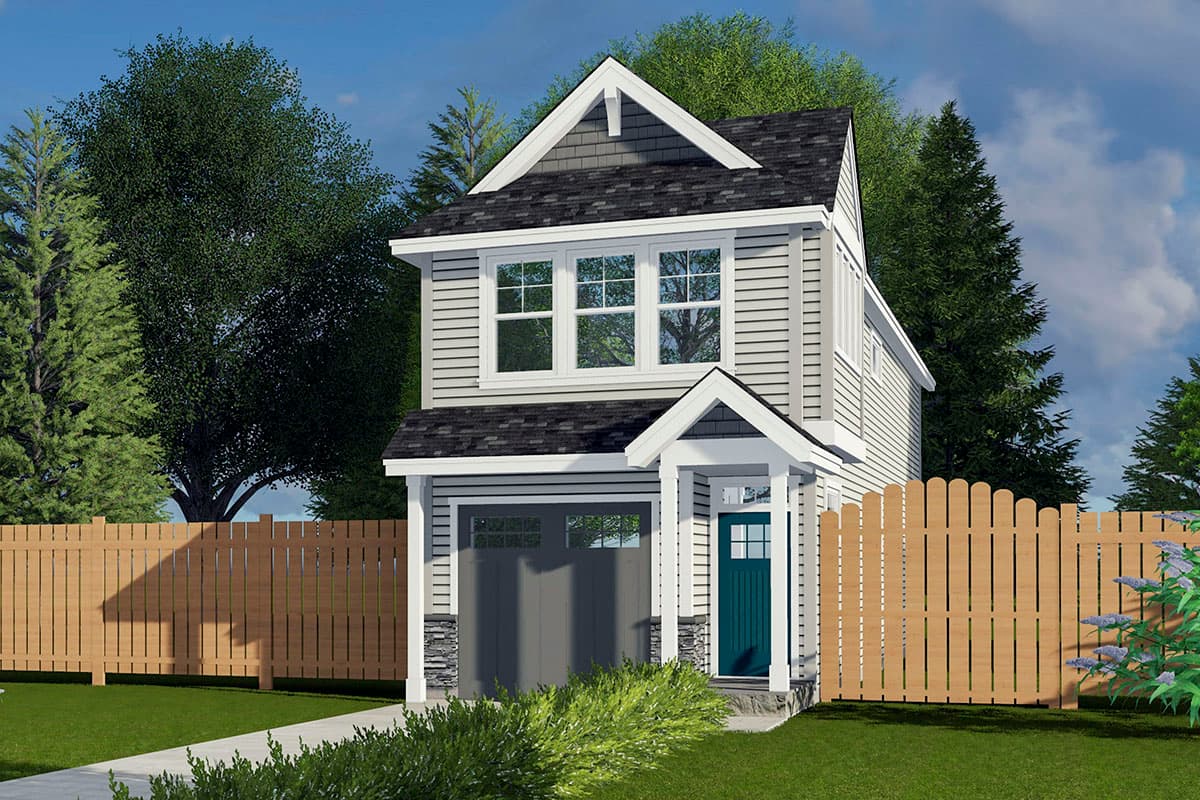 House plan exterior. Two-story with gable roof, front-facing garage, and entry porch. Features include board and batten siding.