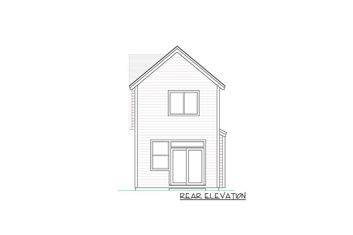 Rear elevation of a two-story house plan, showing clapboard siding, a gable roof, and two windows and sliding doors.
