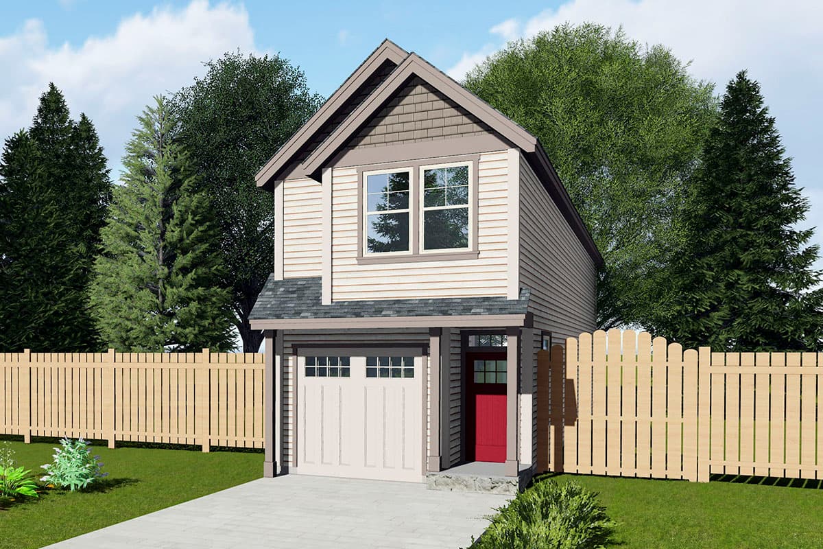 House plan exterior. Two-story structure with gable roof. Includes a garage, a small porch, and horizontal siding.