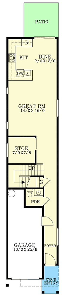 Plan 28085J: 15-Foot-Wide 1800 Square Foot 3-Bed House Plan - Floor Plan - Main Level