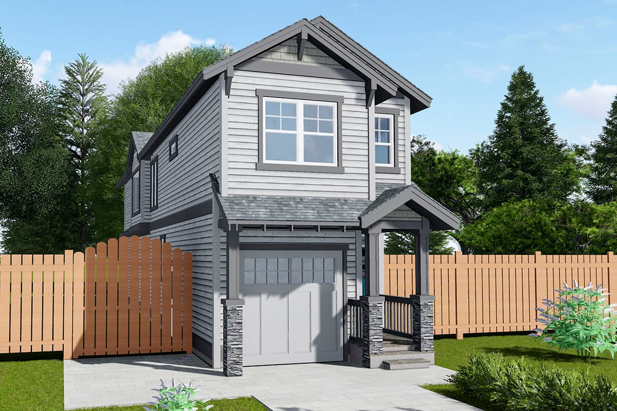 House plan exterior. Craftsman style, two-story home with a gabled roof and a front-entry porch. Attached garage with stone accents.