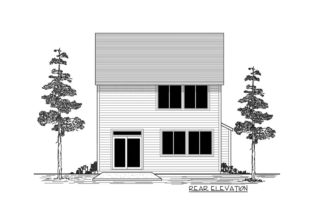 Rear elevation of a two-story house plan with horizontal siding, double door, and multiple windows.