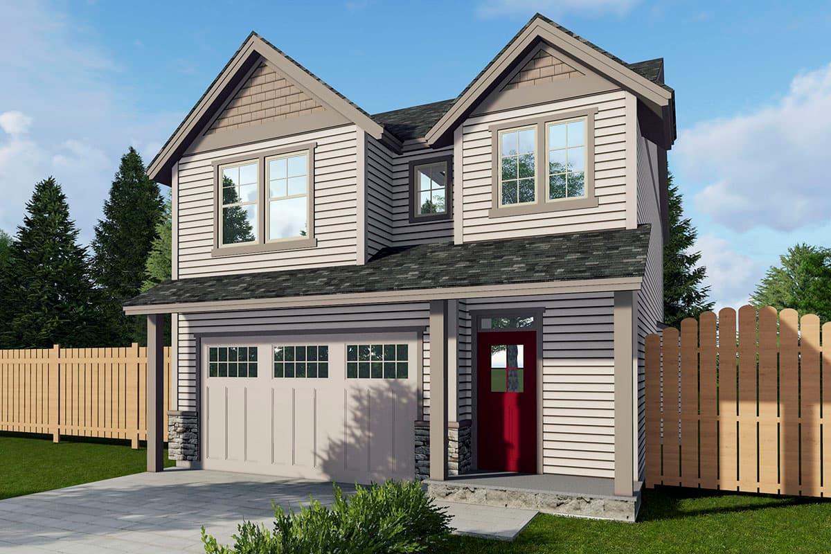 House plan exterior with two stories, gabled roof, and two dormers. Features include a garage and a covered porch with a red front door.