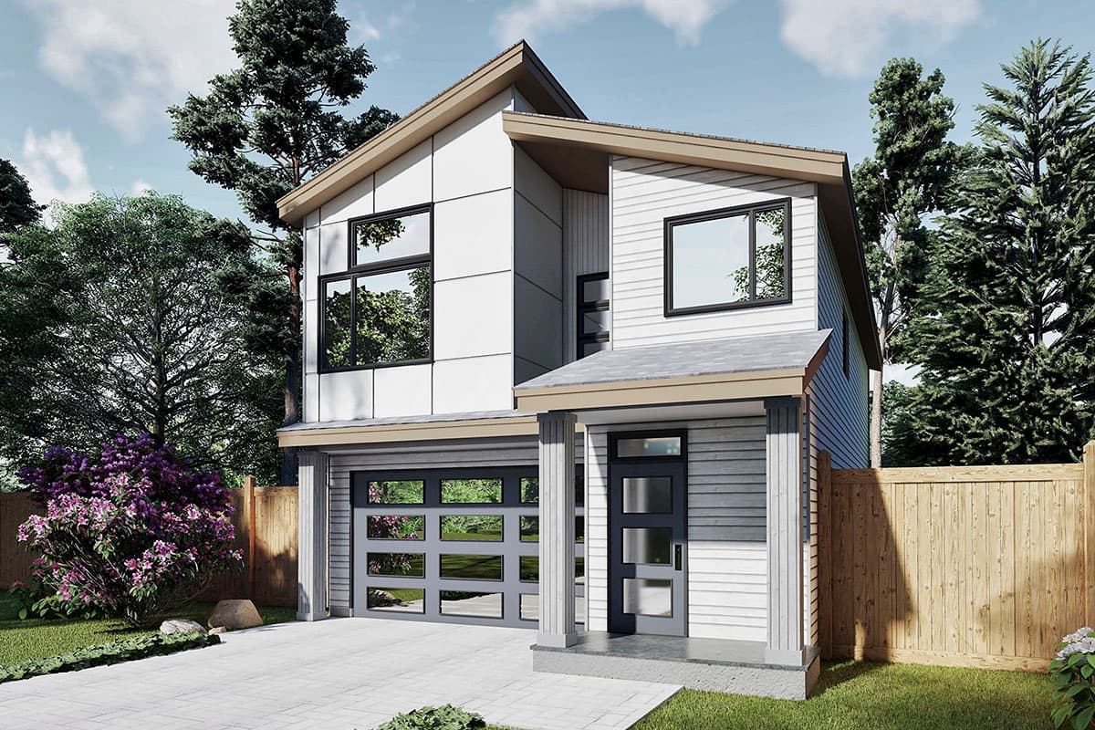 House plan exterior. Two-story Modern house with a glass-paneled garage door, large windows, and a covered entry porch. Gable roof.