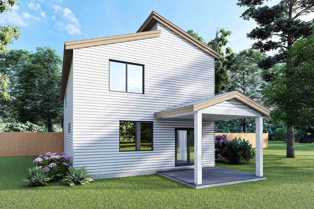 Two-story house plan exterior with horizontal siding, gable roof, covered porch with two posts, and large windows.