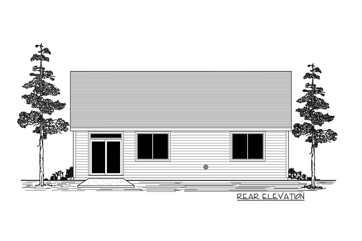 Rear elevation drawing of a house plan with a double door, two windows, and a sloped roof.