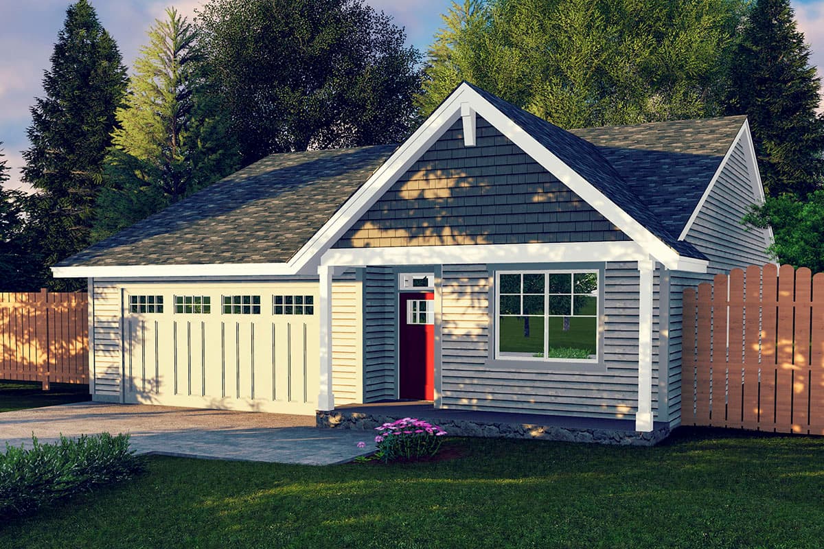 House plan exterior featuring Craftsman style, single story, a gable roof, covered entry, and attached garage with multi-pane windows.