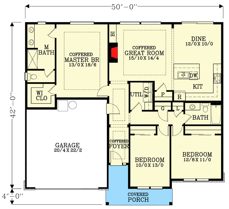 Plan 28089J: One-Story 3-Bed House Plan Under 1600 Square Feet with 2-Car Garage - Floor Plan - Main Level - Country, Ranch, Traditional