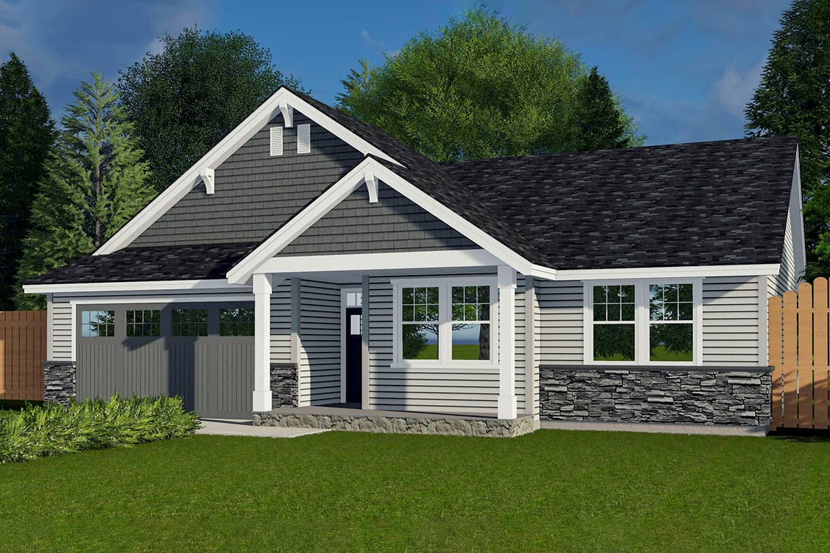 House plan exterior with Craftsman style, one story, gable roof, covered porch, and attached garage.