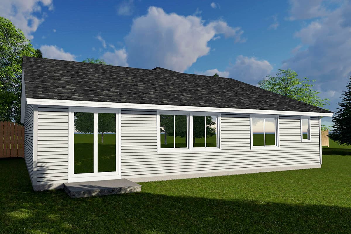 House plan exterior view of a single-story home with horizontal siding, a gabled roof, and numerous windows.