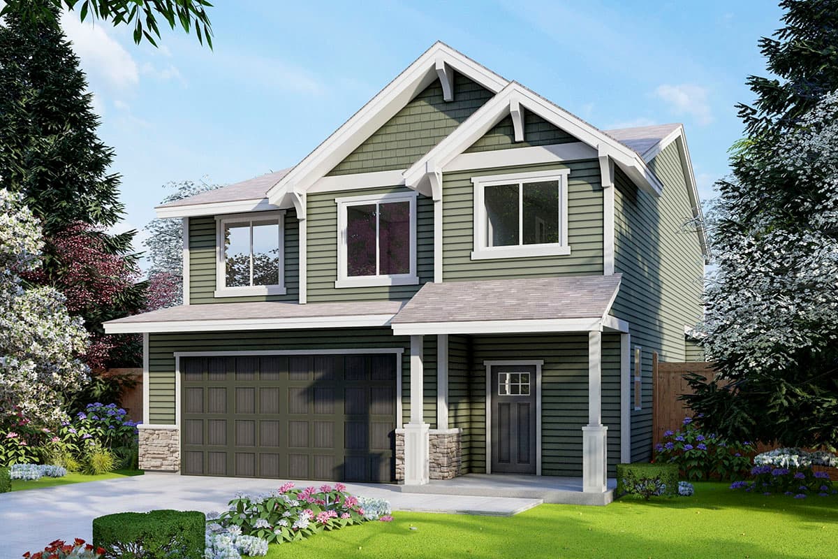 House plan exterior. Two-story Craftsman home with a gabled roof, a front porch, and a two-car garage. Features shingle siding.