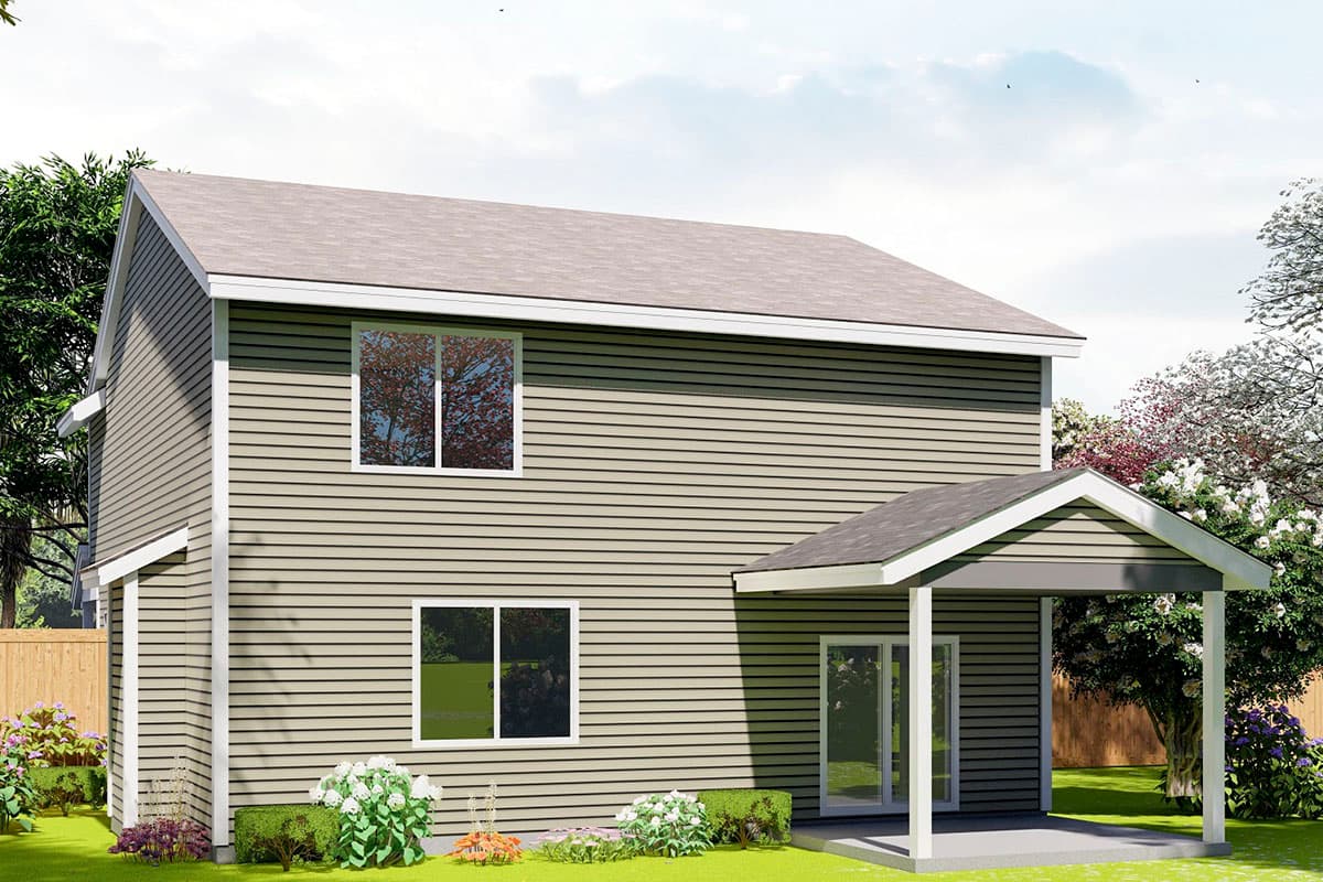 Two-story house plan exterior with horizontal siding, two upper windows, and a covered rear patio with gable roof detail.