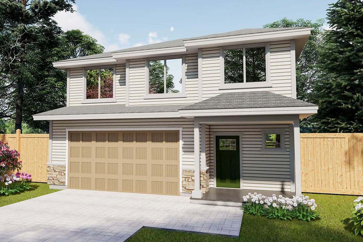 Two-story house plan exterior with a flat roof, large garage, and covered front entry. Features include horizontal siding and stone accents.