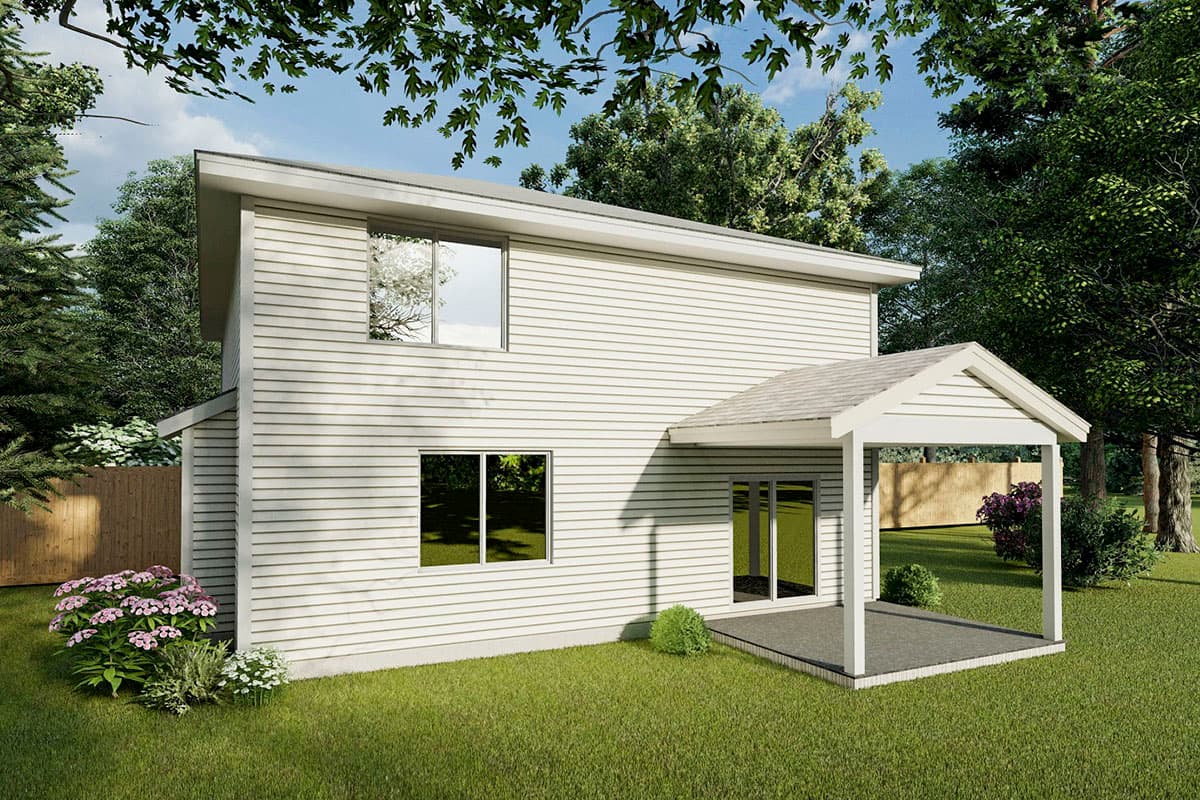 Two-story house plan exterior with vinyl siding, a gabled covered patio, and modern rooflines.