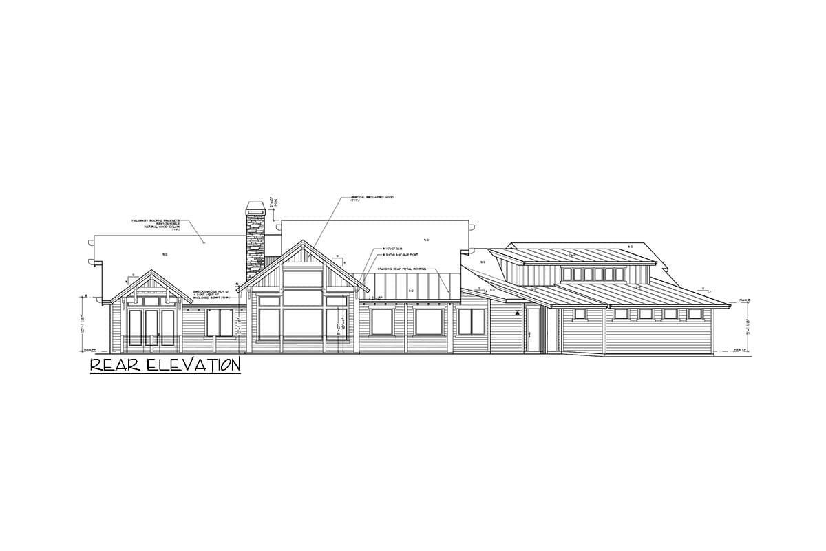 Rear elevation drawing of a house plan featuring a stone chimney, multiple gables, and varied rooflines with standing seam metal roofing.