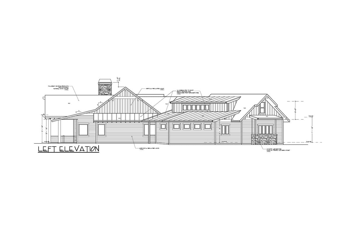 Left elevation house plan featuring a covered porch, multiple gables, dormers, and stone base on the right.