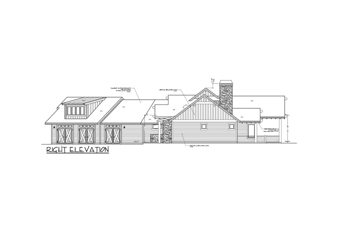 Right elevation house plan featuring barn doors, dormer, and stone chimney.