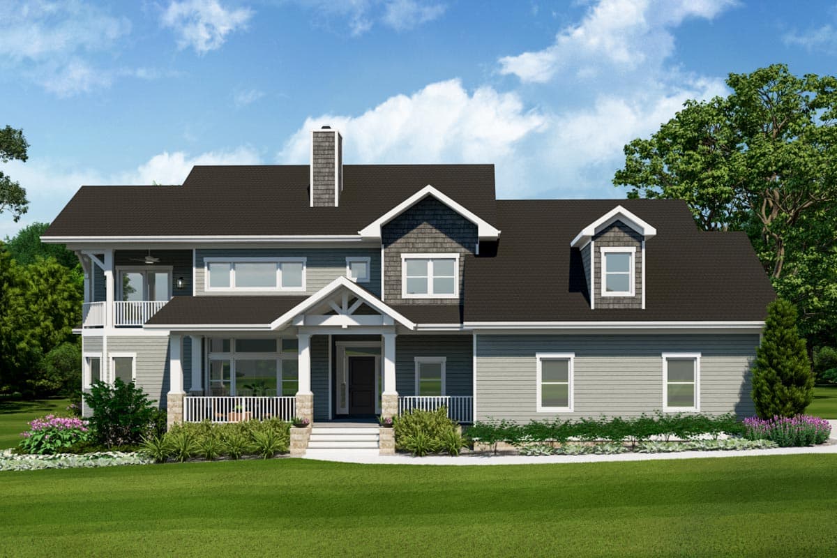 House plan exterior with Craftsman style. Features include a front porch with pillars, multiple gables, a dormer, and a chimney.