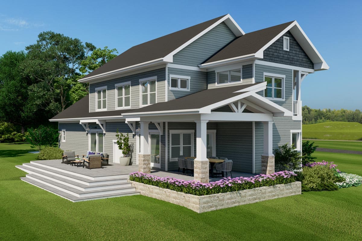 House plan exterior, two stories, gray siding, covered front porch with stone pillars, and tiered deck.