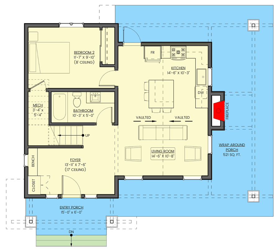 Plan 330005WLE: 2-Bed House Plan Under 1000 Square Feet with 3-Sided Wraparound Porch - Floor Plan - Main Level - Cottage, Country, Mountain, Rustic, Traditional