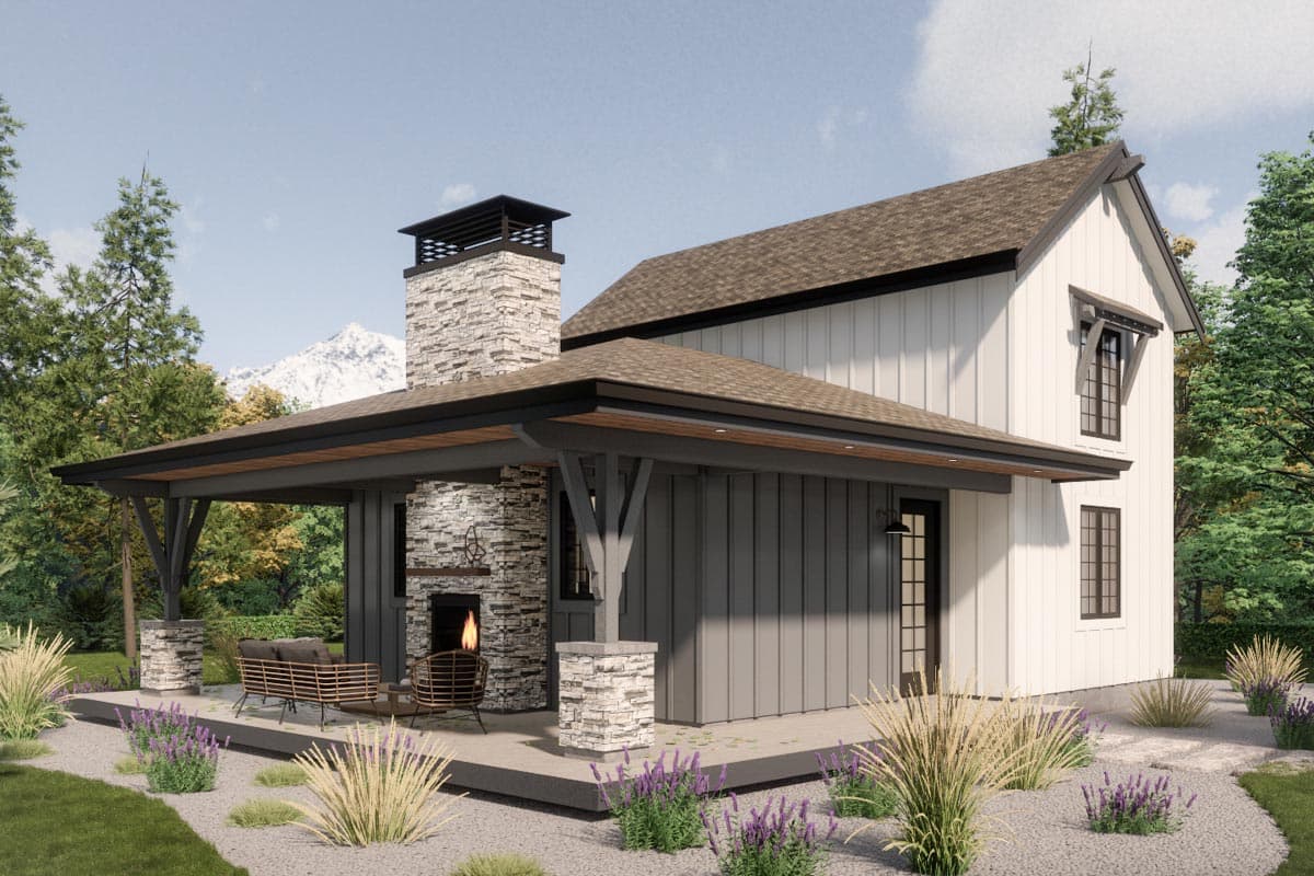 Modern Farmhouse house plan exterior featuring a covered porch with stone fireplace, vertical siding, and gable dormer.