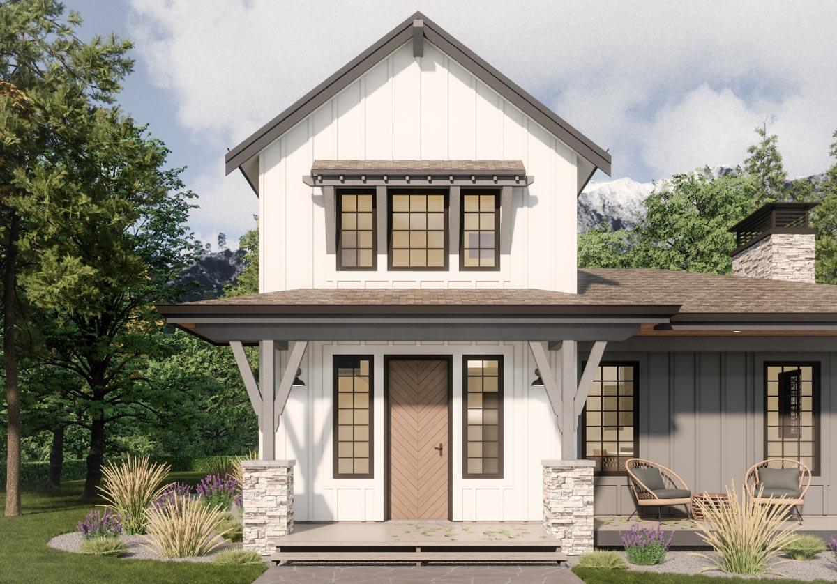 Modern Farmhouse house plan exterior with a covered porch, stone column bases, board and batten siding, and gabled rooflines.