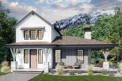 2-Bed House Plan Under 1000 Square Feet with 3-Sided Wraparound Porch