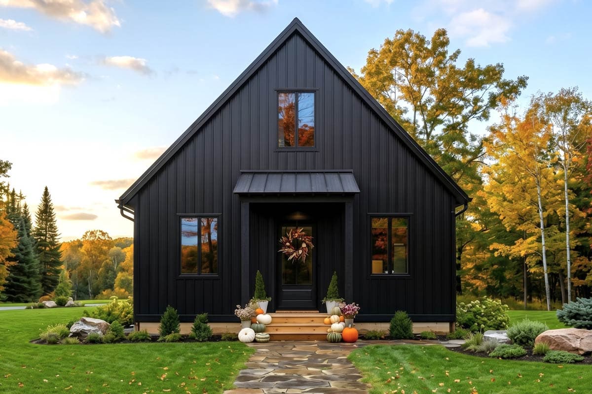 House plan exterior. Two-story Modern Farmhouse with board and batten siding, a gable roof, and a covered entry porch.