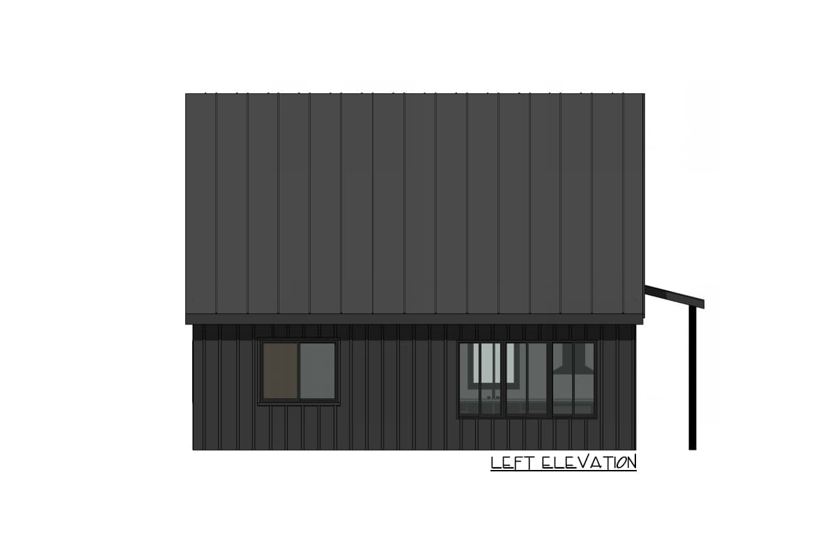 Left elevation drawing of a house with a dark vertical siding and a standing seam metal roof. Features a simple shed roof awning.