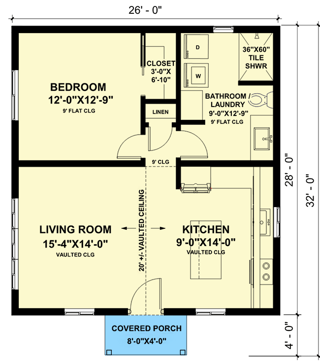 Plan 420090WNT: 728 Square Foot Contemporary Cabin with Vaulted Living Room and Kitchen - Floor Plan - Main Level - Cabin, Cottage, Country, New American, Vacation
