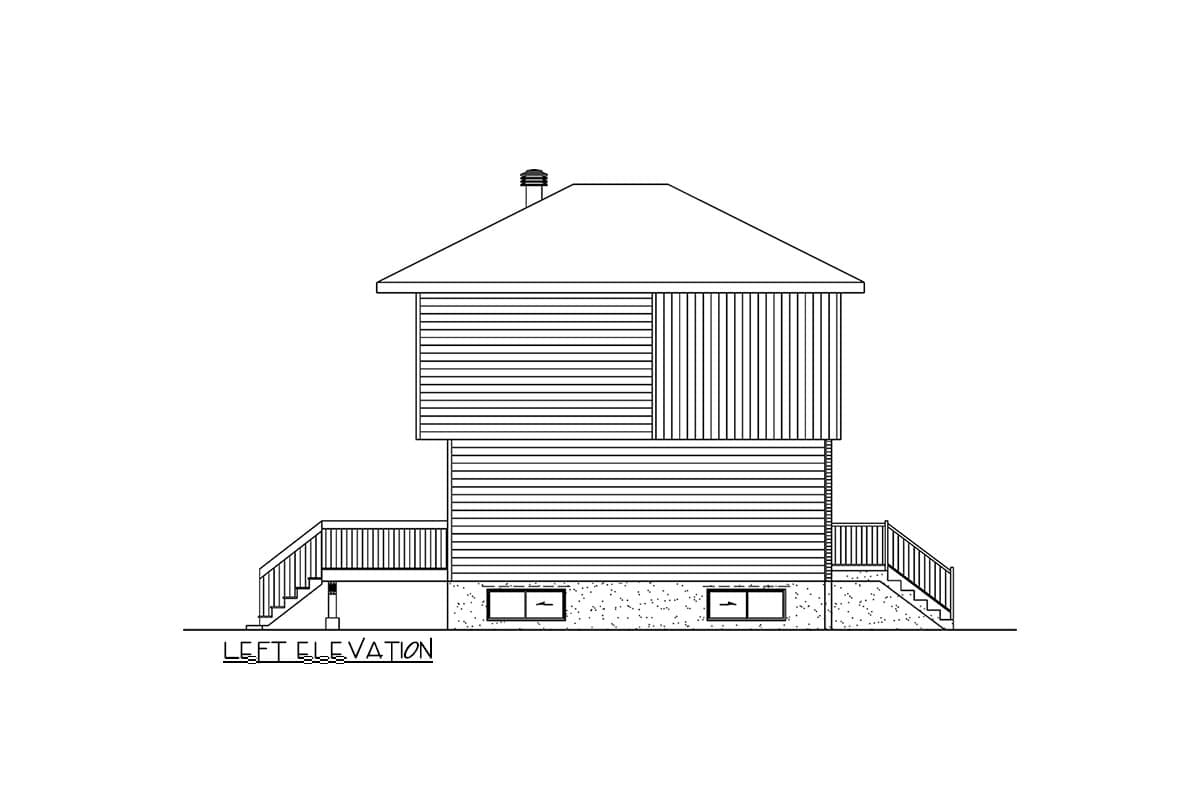 Left elevation of a house plan showing a pitched roof, mixed siding, a deck, and basement windows.