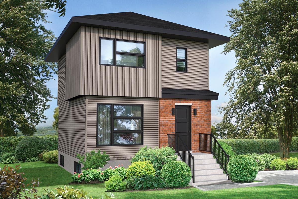 Two-story house plan exterior with modern design. Features include a brick facade, vertical siding, and a covered entry with steps.