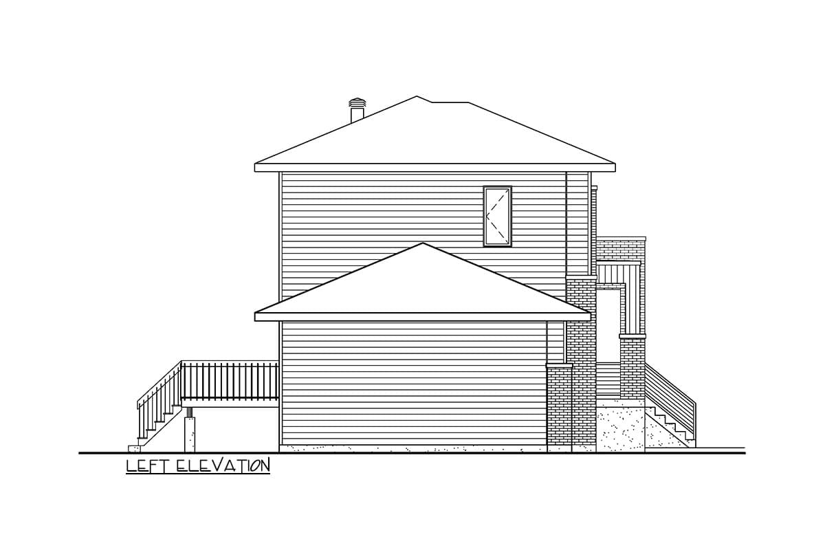 Left elevation drawing of a two-story house with horizontal siding, gable roof, deck, and brick accents.