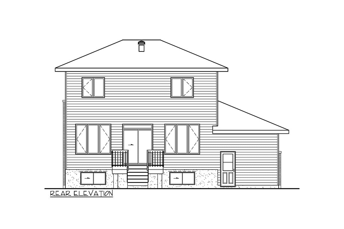 Rear elevation drawing shows a two-story house plan with horizontal siding, multiple windows, a sliding glass door, and a single-door entrance.